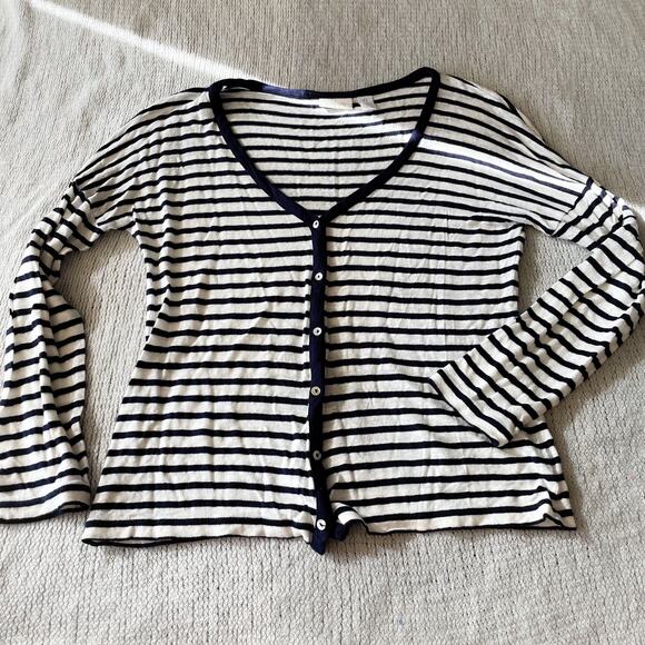 Chico's Navy + White Striped Lightweight Dolman Button Front Cardigan - 0 or S - Picture 1 of 7